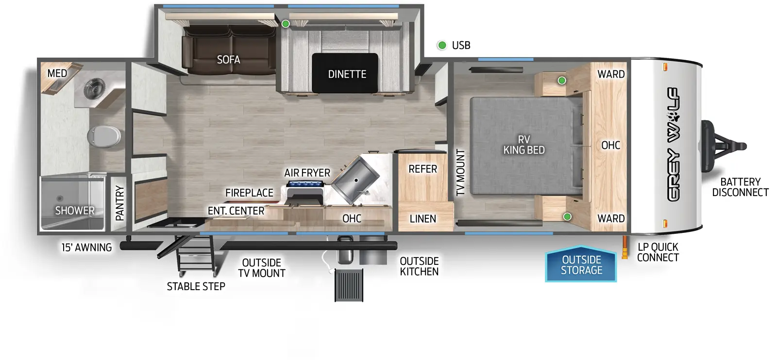 The Cherokee Black Label 26LKBL floorplan has one entry and one slide out. Exterior features include: fiberglass exterior, 15' awning and outside kitchen. Interiors features include: u-dinette, front bedroom and rear bathroom.